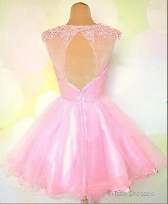 Round Neck Pink Short Lace Prom Dress, Pink Lace Homecoming/Bridesmaid/Graduation Dress
