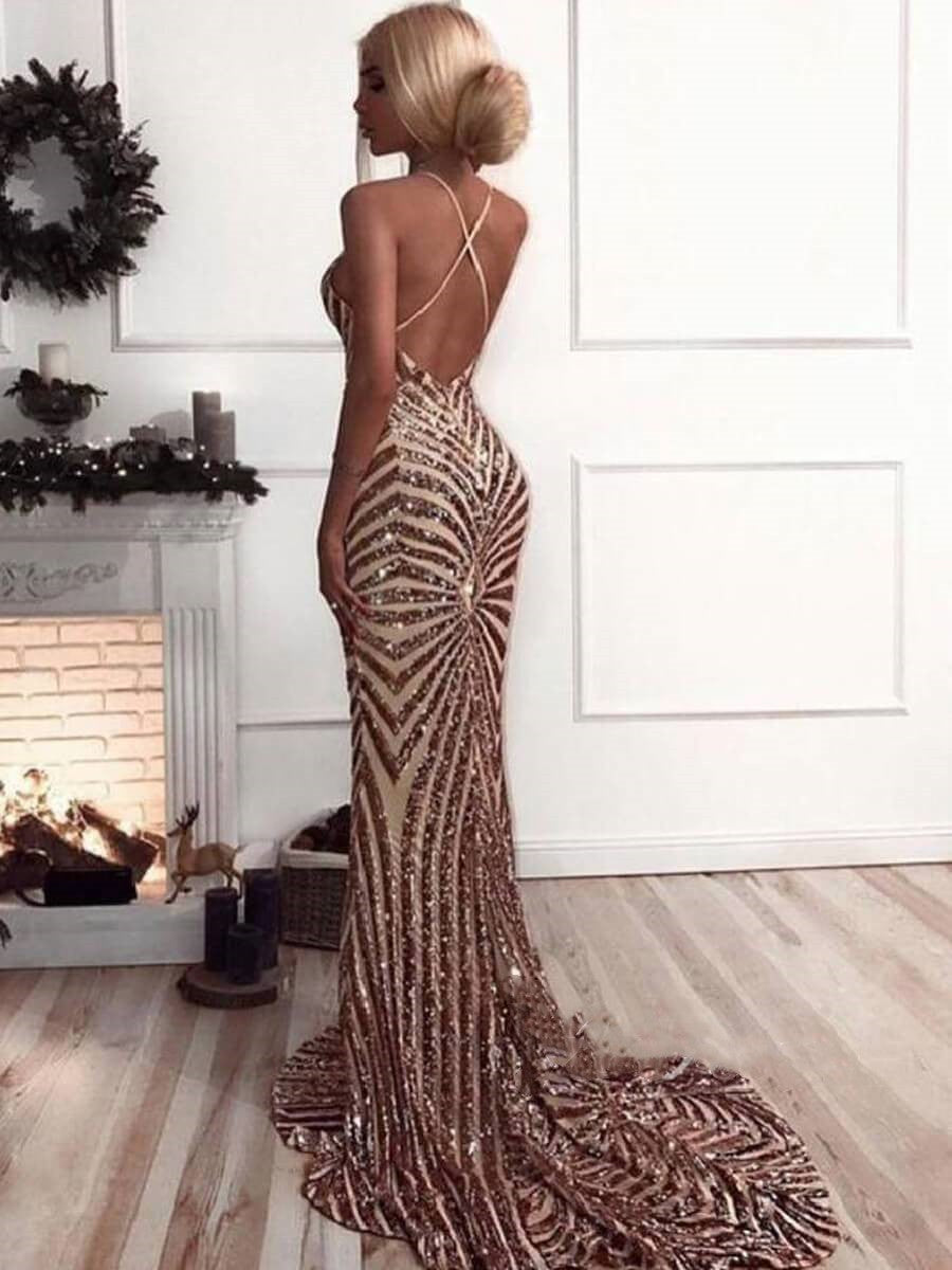 Discount Rose Gold Sequin Mermaid Prom Dresses 2024
