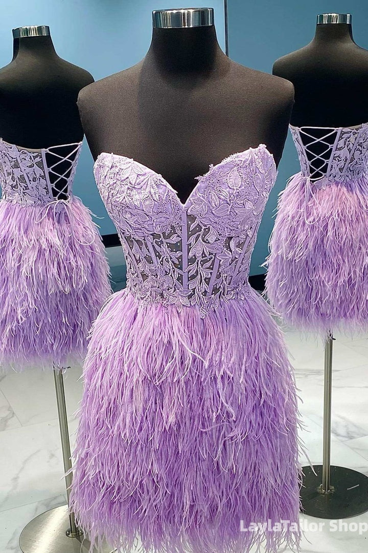 Sheath Sweetheart Lace Feather Skirt Homecoming Dress
