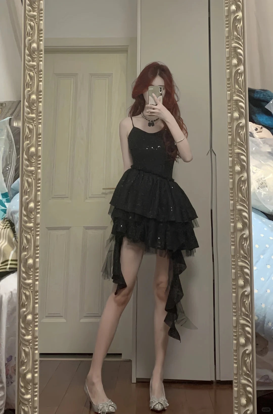 Shiny Black Spaghetti Strap Sequined Tulle Irregular Skirt 17Th Birthday Homecoming Dress