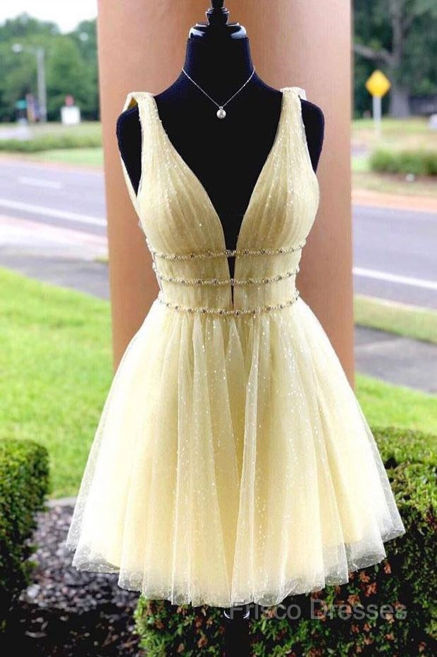 Shiny V Neck Short Blue/Yellow Formal Prom Dressses, Short Blue/Yellow V Neck Fomal Homecoming Graduation Dress