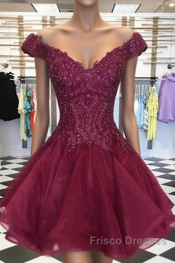 Short Off Shoulder Burgundy Lace Formal Prom Dress, Off The Shoulder Short Burgundy Lace Formal Homecoming Dress