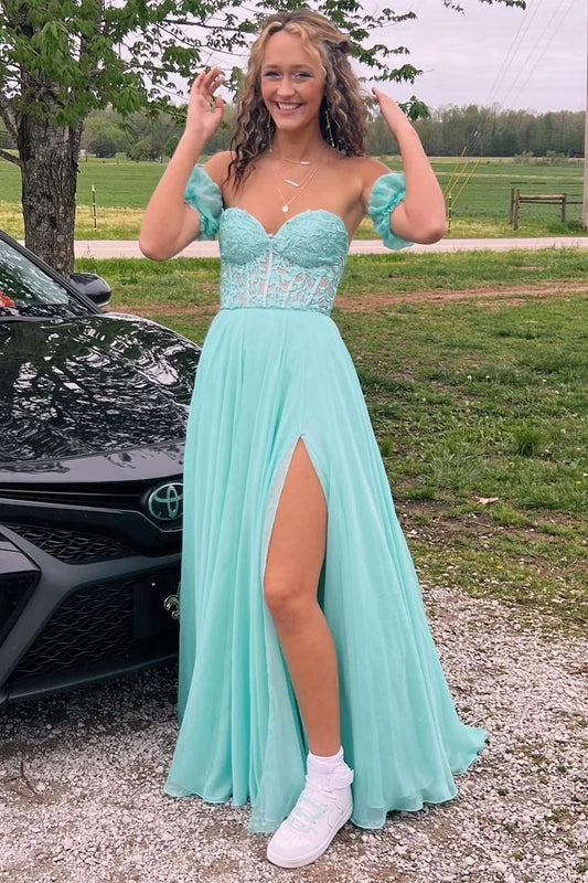 Sweetheart Appliques Chiffon Split Long Evening Prom Dress