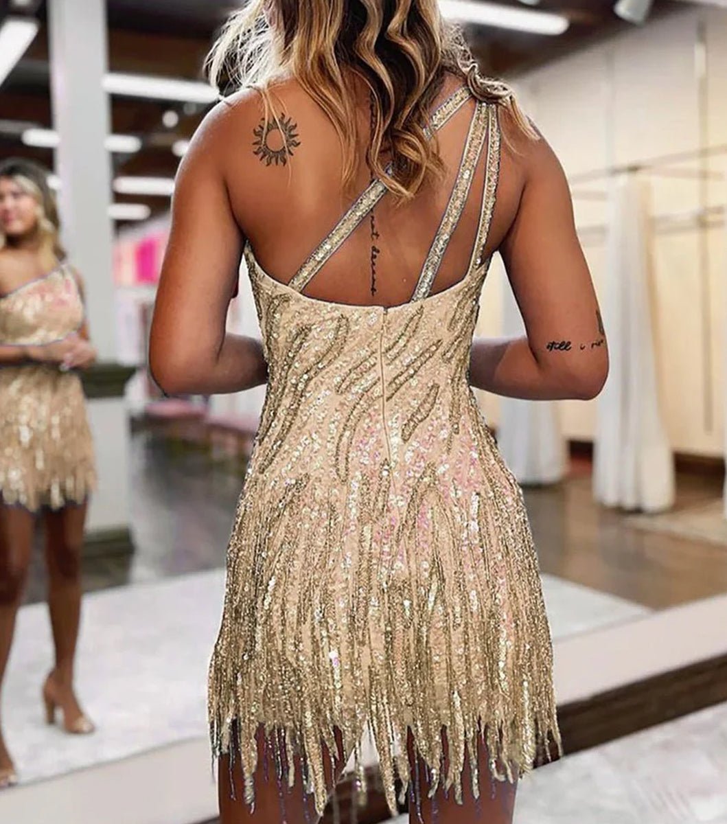 Sparkly Blue One Shoulder Sequins Mini Party Dresses with Fringes