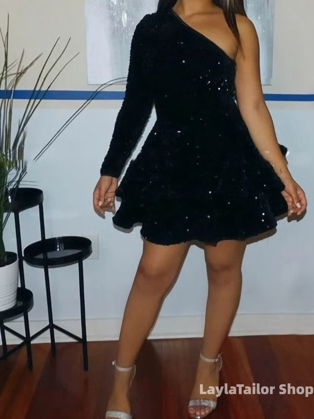 Sparkly Sequin Cocktail Dresses Short A Line One Shoulder African Women Formal Long Sleeve Homecoming Dress