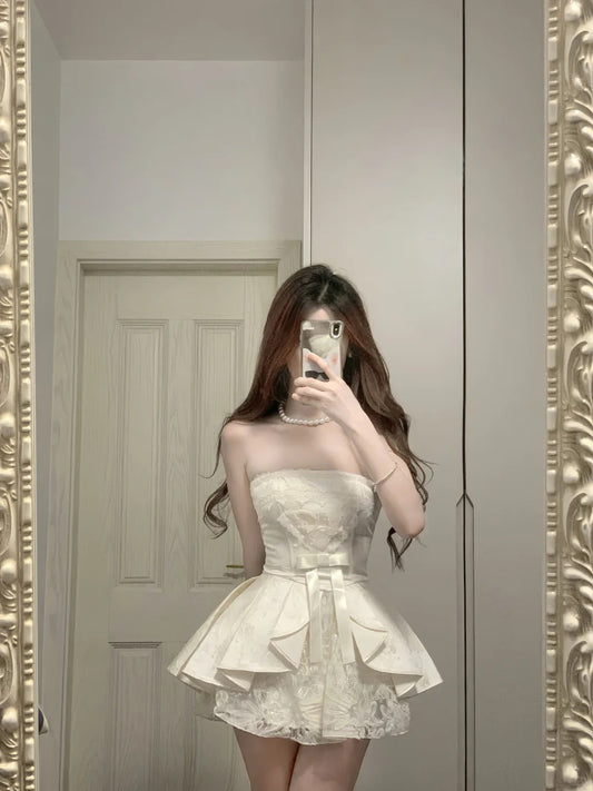 Sweet Tube Top Bow Lace Waist Mini 17Th Birthday Homecoming Dress
