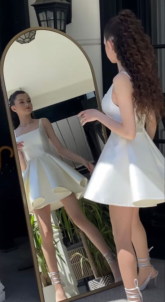 Simple Sequare Neck White Short Prom Dress,Elegant Homecoming Dress