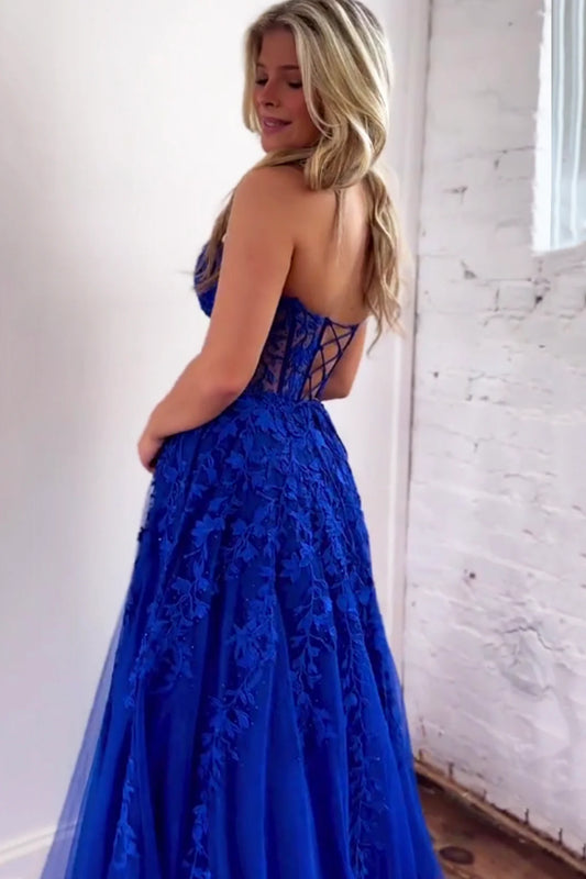 Sweetheart Royal Blue A-Line Appliques Tulle Prom Evening Dress