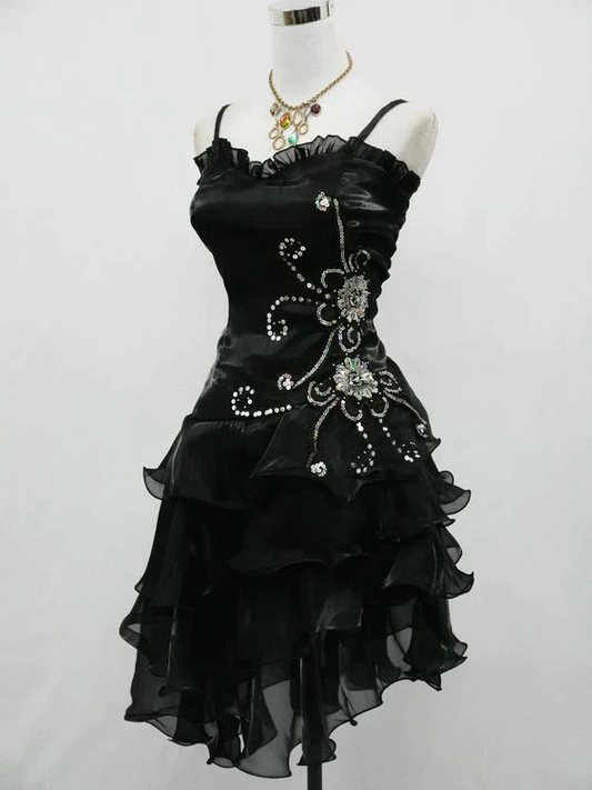 Vintage Black Straps Beaded Evening Dress Ruffled Homecoming Dress