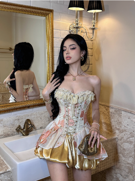 Vintage Corset Pink Gold Rose Puffy Birthday Dress Homecoming Dress