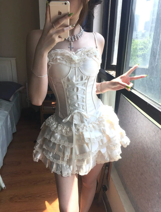 Vintage White Spaghetti Strap Corset With Satin Lace Trim 17Th Birthday Homecoming Dress