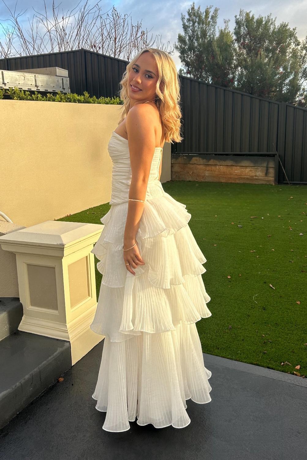 Strapless White Ruched Pleated Ruffle Party Dress