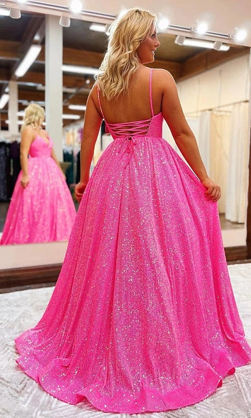 Sparkle Pink Sequins Prom Dresses Evening Ball Gown