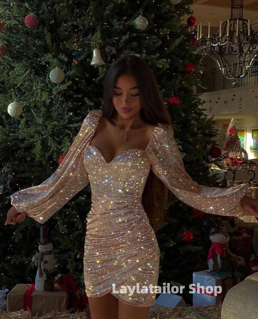 LTP1794,Bling bling champagne/rose gold long sleeves short homecoming dress