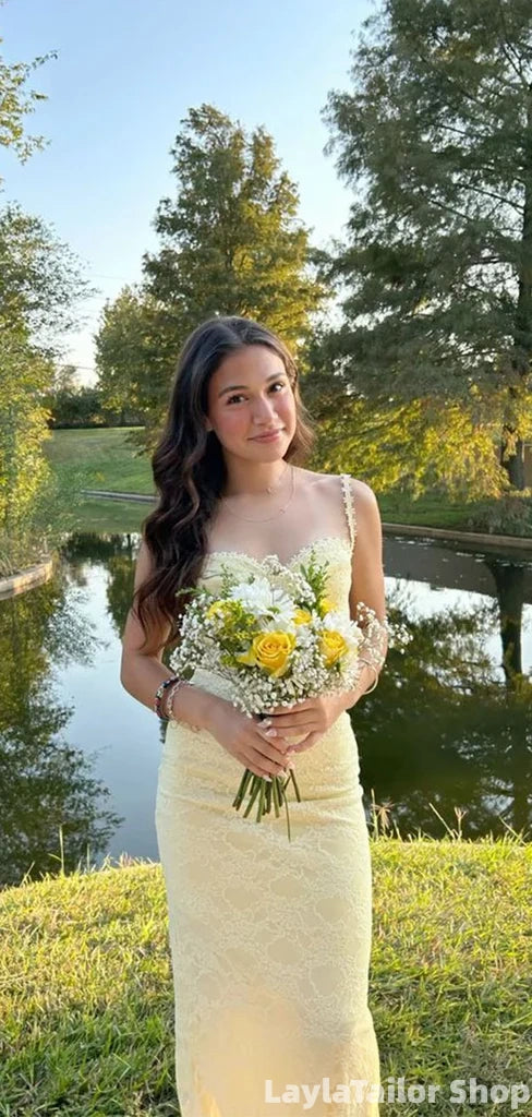 Elegant Pastel Yellow Mermaid Lace Long Prom Dress Evening Formal Gown