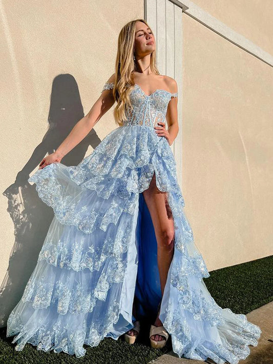 LTP1715,Cute A Line Off the Shoulder Light Blue Sequins Lace Long Prom Dresses with Slit