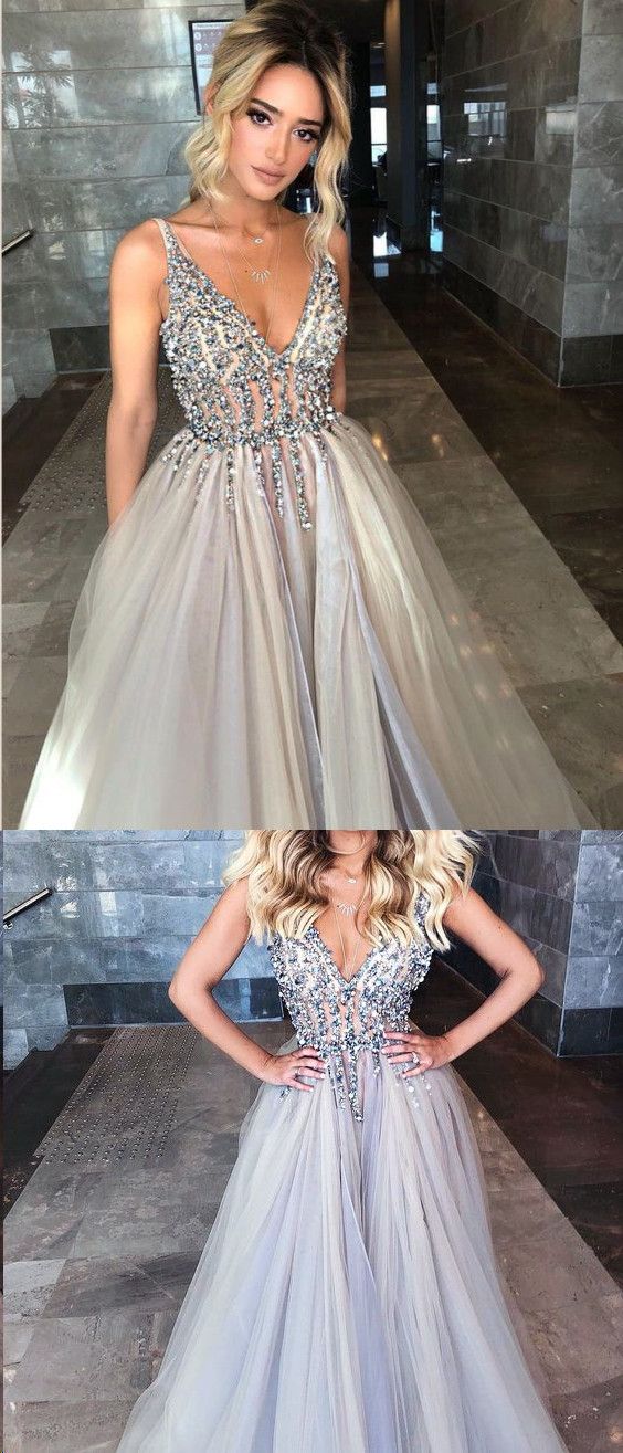 LTP0218,Luxury grey prom dresses tulle long evening dress beading v neck a line prom dress