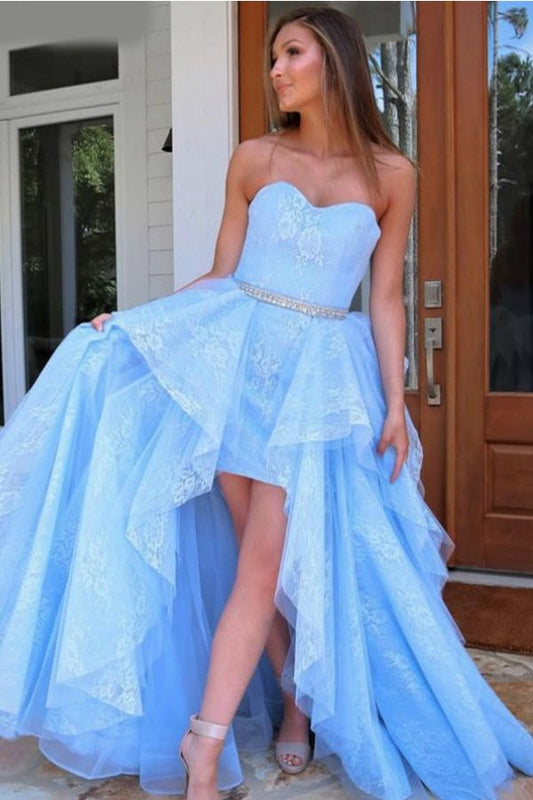 LTP1388,Sky Blue Lace Hi-lo Sweetheart Prom Evening Dresses