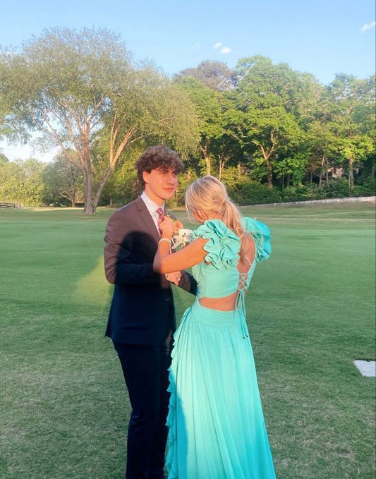 LTP1652,Chiffon Ruffles Deep V-Neck Long Prom Evening Dresses