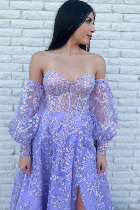LTP1576,Sparkle Princess Lavender Bustier Puffy Sleeves Lace Long Prom Gown