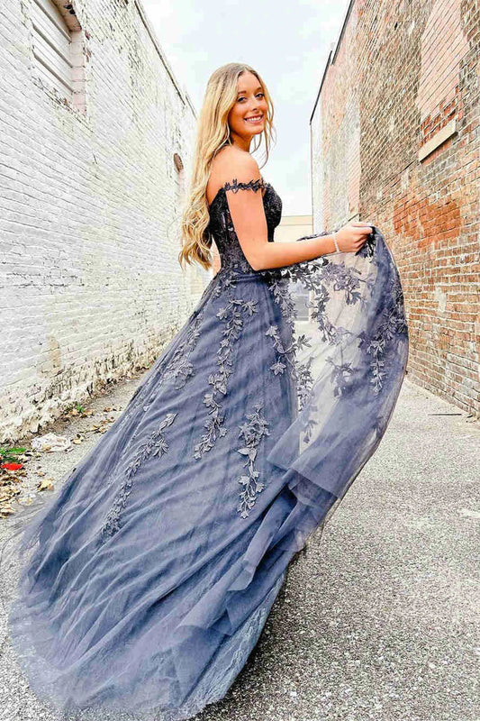 LTP0968,Elegant Deep Grey Appliqued Prom Dress with Sheer Lace Bodice