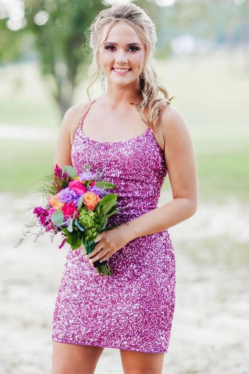 LTP1146,Neon Pink Sequin Lace-up Back Bodycon Mini Dress
