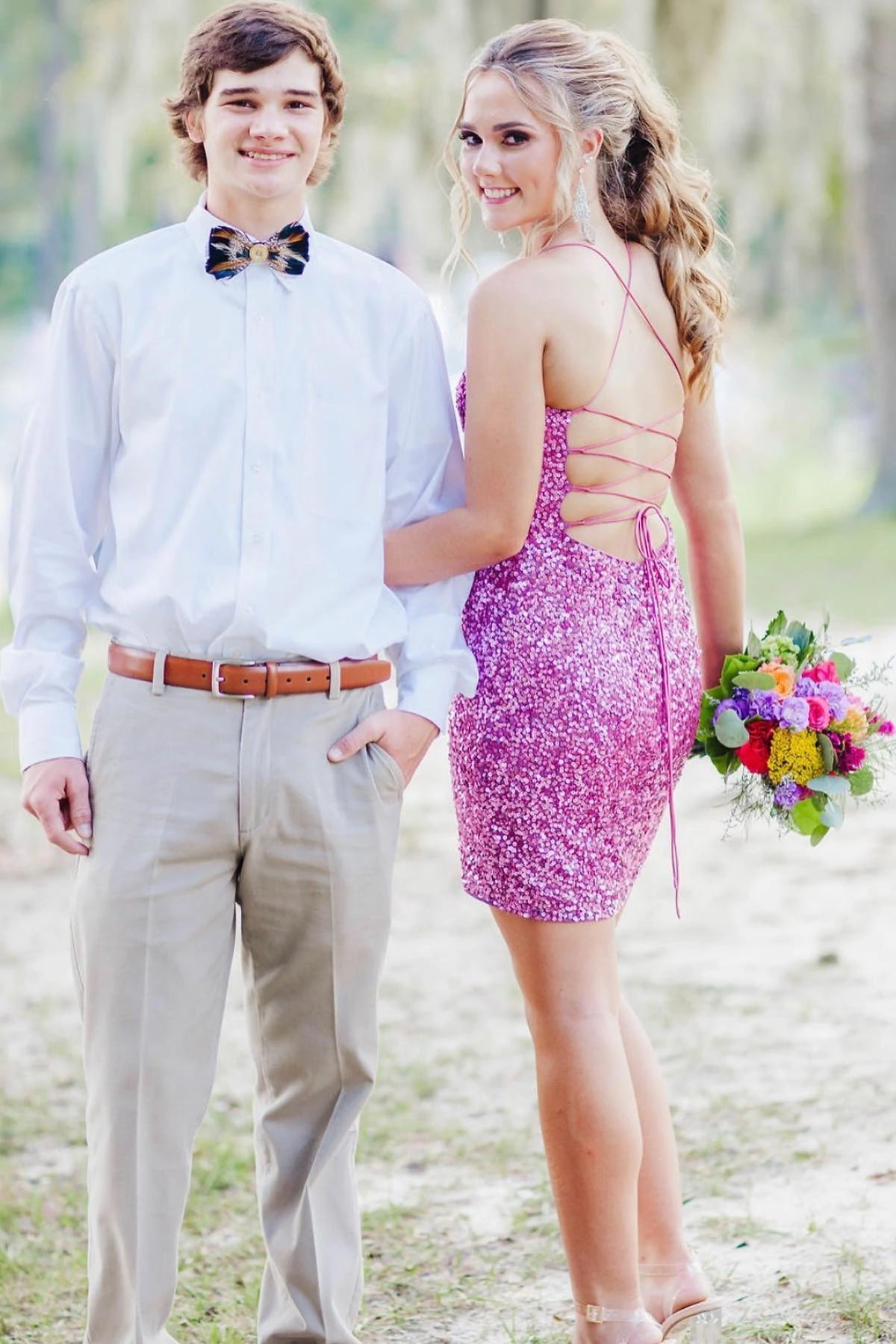 LTP1146,Neon Pink Sequin Lace-up Back Bodycon Mini Dress
