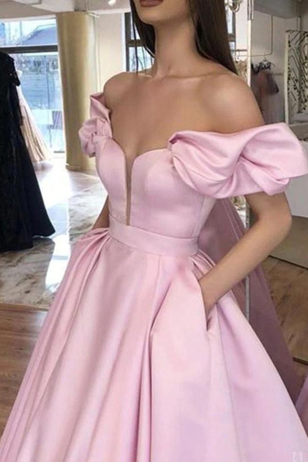 LTP1516,Pink Long Prom Evening Dresses,Off The Shoulder Prom Formal Gown