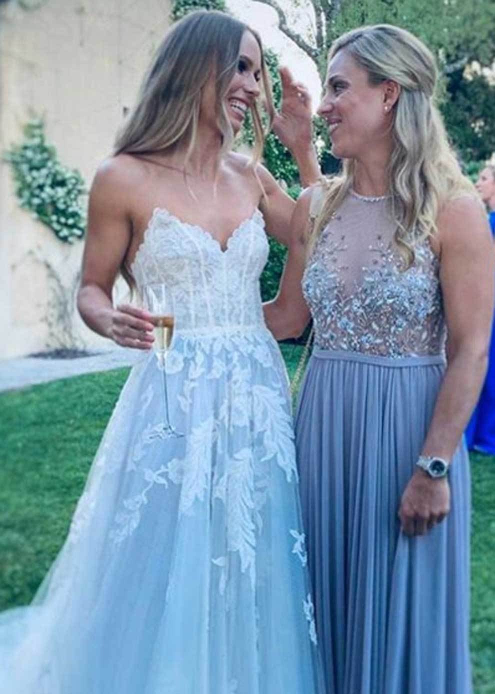 LTP0766,White Sleeveless Applique Tulle Prom Dresses A-line Formal Gown With Train