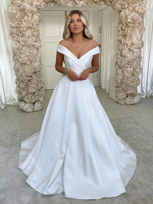 LTP1116,Charming white off the shoulder wedding dresses,a-line satin wedding gown bridal dress