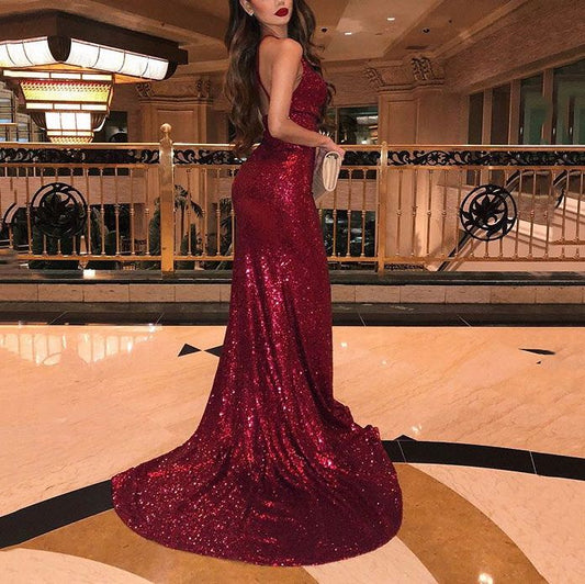 LTP0223,Burgundy Mermaid Long Prom Dresses Sequin Open Back Evening Dress With Side Slit