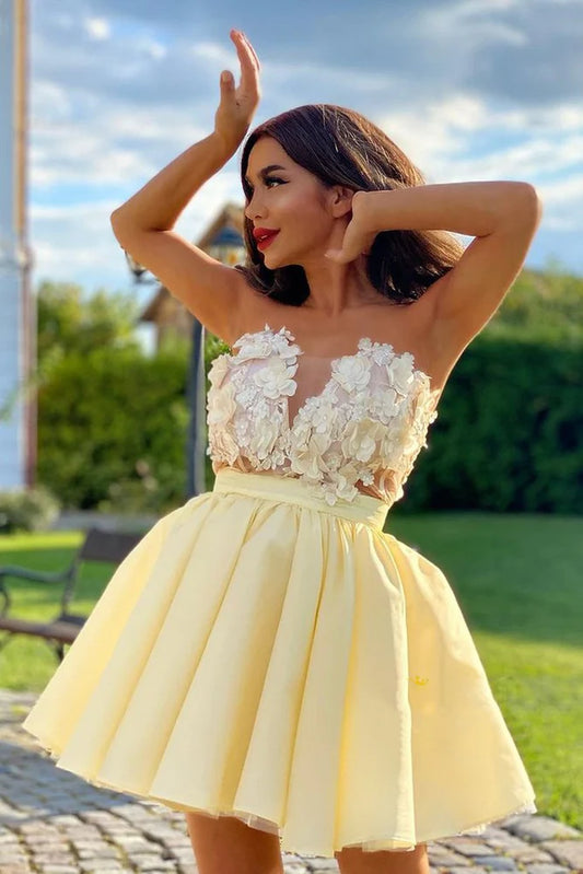 LTP1425,Cute Strapless Yellow Satin Short Homecoming Dress with Flowers