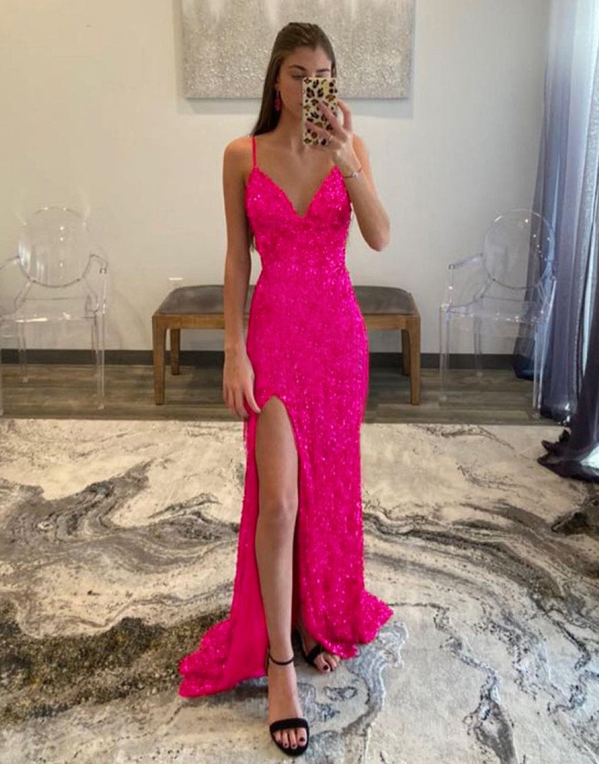 Pink Sparkly Tight Prom Dress LTP0906,Glitter Hot Pink Sequin Prom