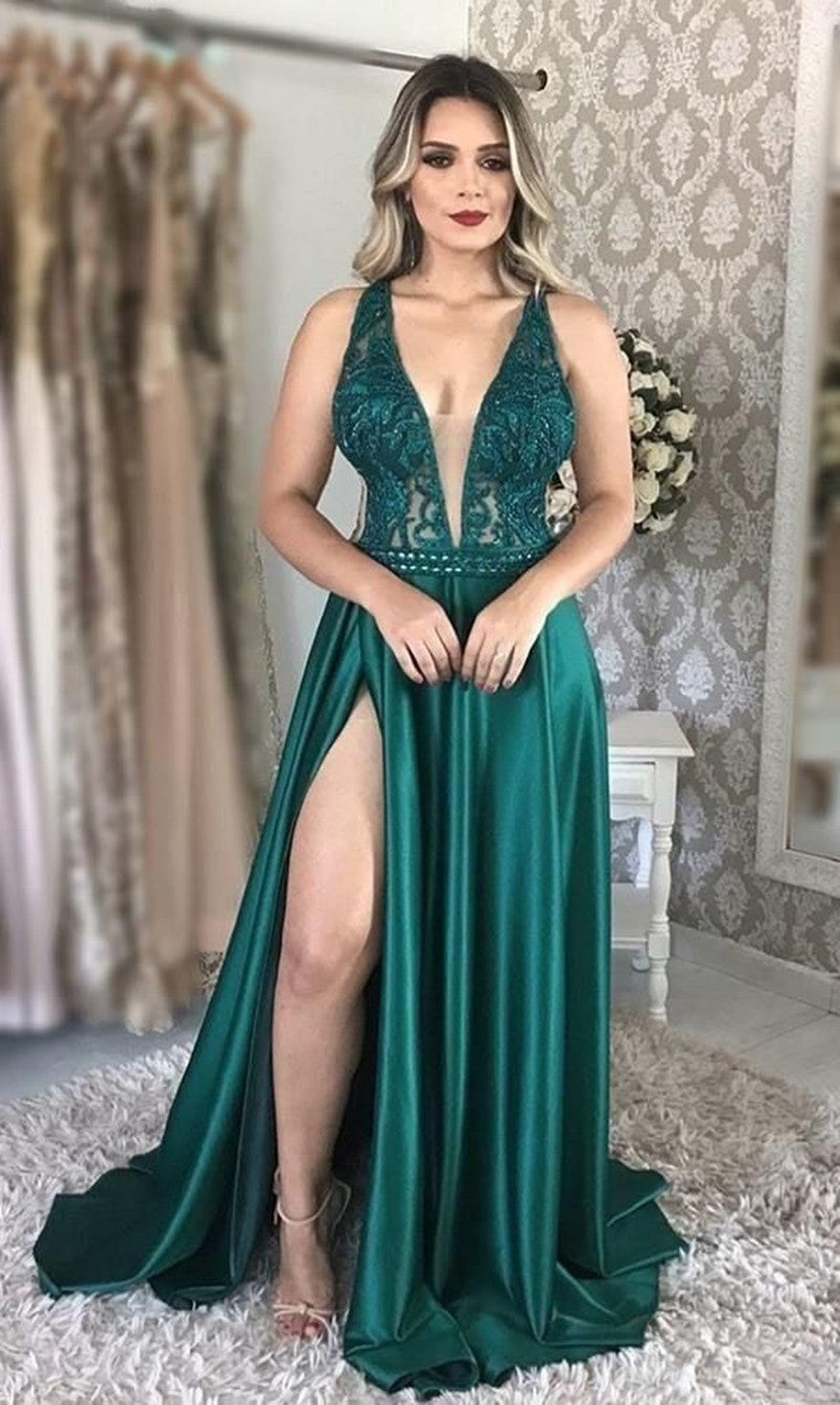 Sexy V-neck Long Prom A-line Gown, Party Dress