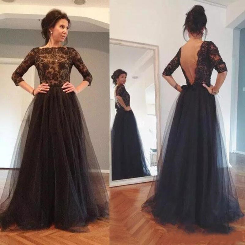 LTP0713,Black lace prom dresses beaded open back long evening prom dress long sleeves a-line tulle black party dress