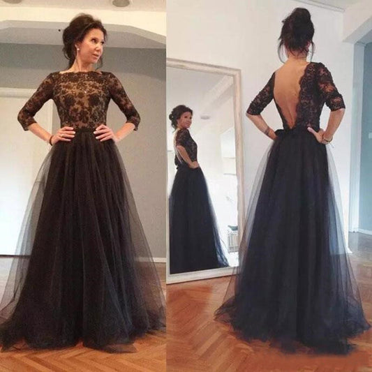 LTP0713,Black lace prom dresses beaded open back long evening prom dress long sleeves a-line tulle black party dress