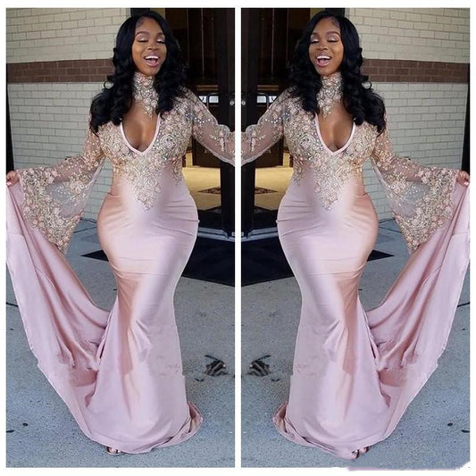 LTP0159,Deep V Neck Blushing Pink Long Sleeve Appliques Lace Sheer Mermaid Satin Prom Dresses