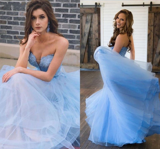 LTP0845,Sky blue prom dresses sweetheart tulle evening dresses sleeveless formal gown