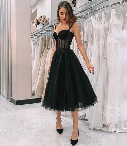 LTP0503,Black Straps Homecoming Dresses Tea Length School Event Dress