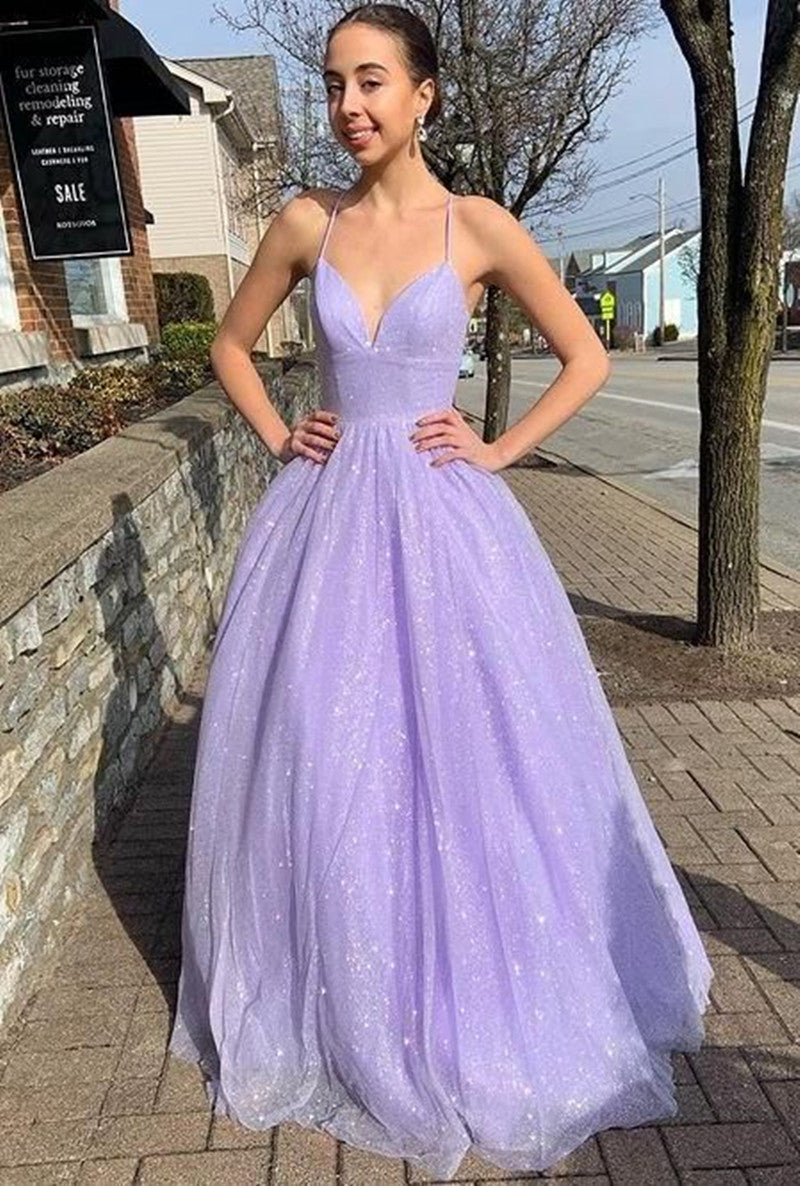 Lavender Long Pretty Prom Dresses LTP0916,Lavender V-neck Sparkly