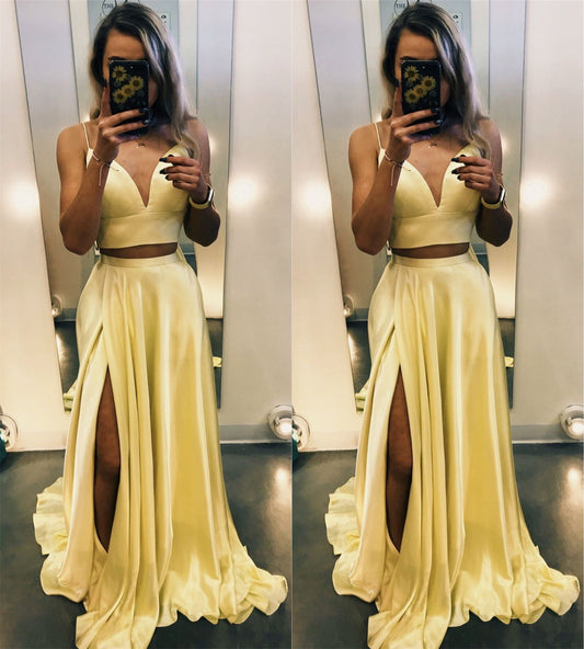 LTP0778,Two pieces prom dresses,yellow satin evening dress,a-line formal gown