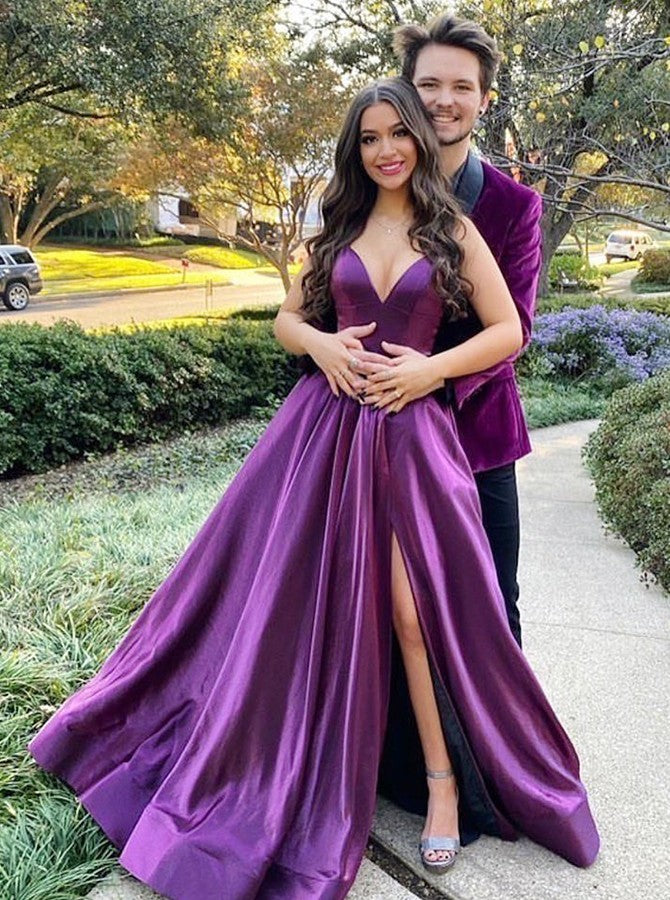 LTP0010,Discount 2022 A Line Sweetheart Purple Side Slit Satin Backless Long Prom Dresses
