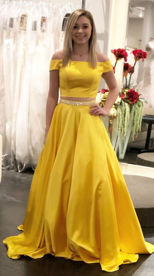LTP0783,Two pieces yellow mermaid long prom dresses beaded off the shoulder evening gown