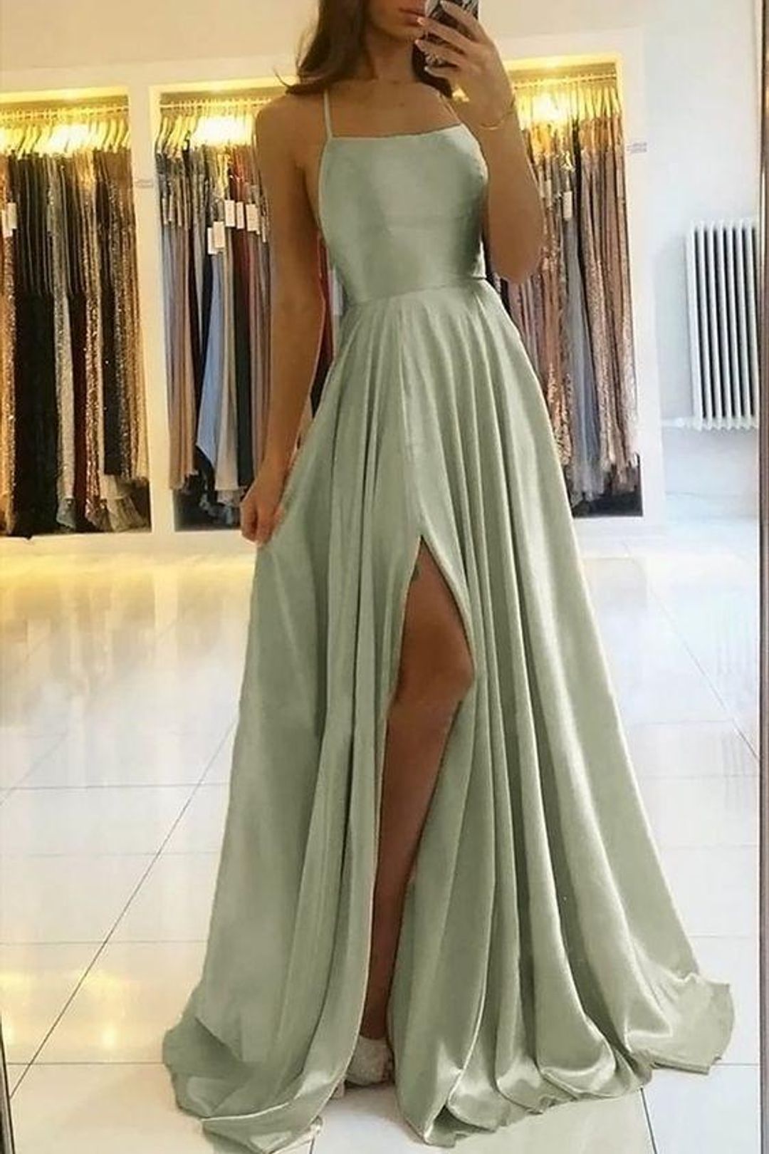 sage green satin prom dress LTP0910,Cheap sage green satin prom dresses cross back long evening dr – Laylatailor Shop