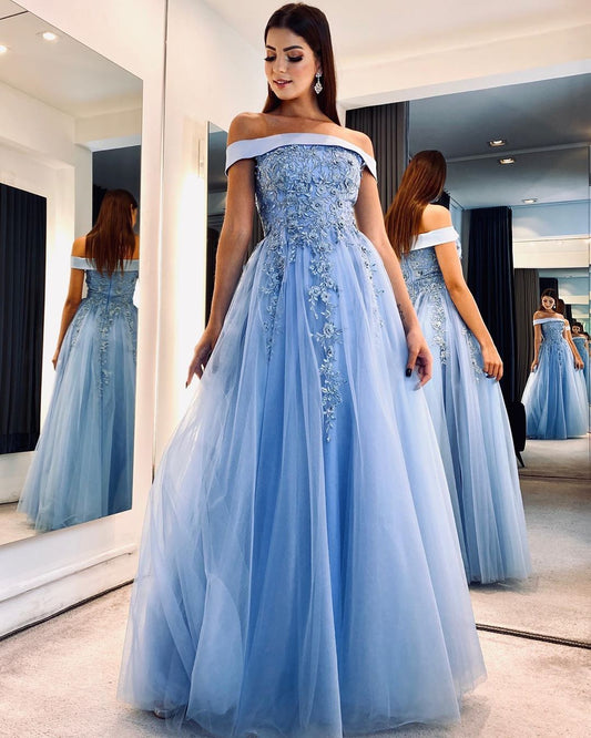 LTP0382,Off the shoulder applique tulle prom dresses beaded long evening dress