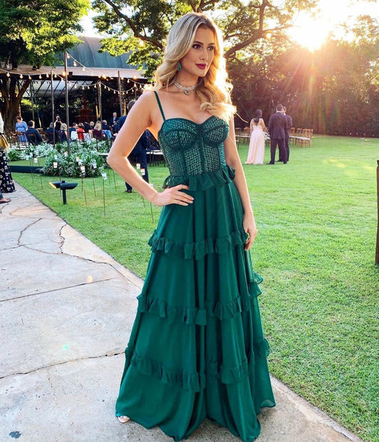 LTP0895,Green Ruffles Prom Dresses Spaghetti Straps Corset for Party,Chiffon Sheath Sweetheart Long Evening Prom Dresses