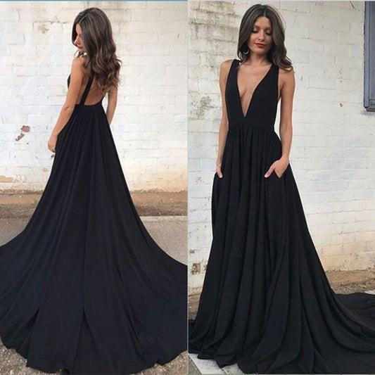 LTP0292,Sexy black deep v-neck satin prom dresses a line evening party dress formal gown long