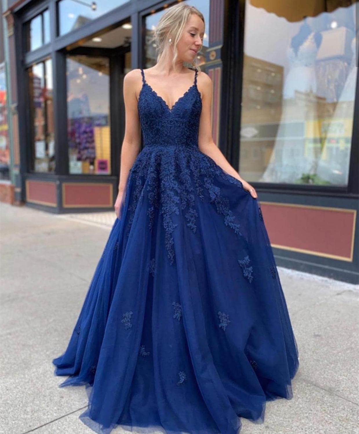 Dark Blue Lace Prom Dress