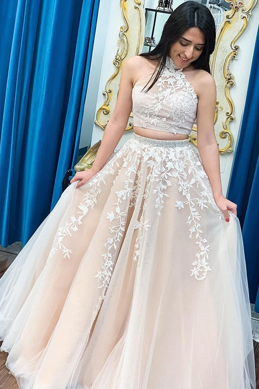 LTP0107,Modest Teens Long Prom Dress,2 Piece Lace Freshman Graduation Prom Gown