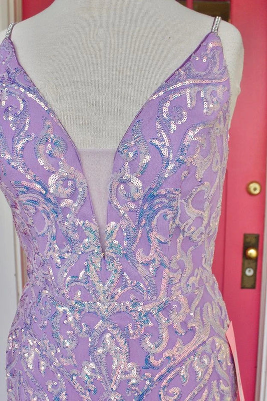 LTP1319,Dusty Purple Sequined Jacquard V-Neck Long Formal Dress